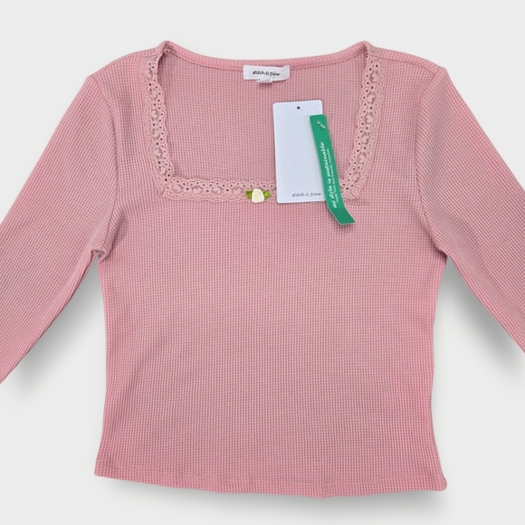 Pink Lace Trim TopStitch And Pine Y2k Pink Waffle Knitted Lace Brand New Size S - Picture 3 of 9